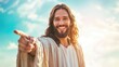 © SERHII - Smiling Jesus Christ pointing towards the camera under a bright sky