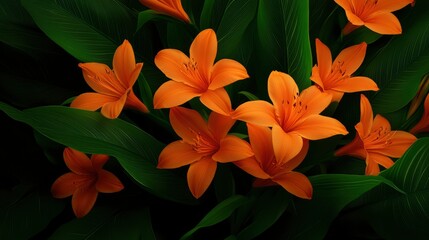 Wall Mural - Orange Lilies Blooming in Lush Green Foliage