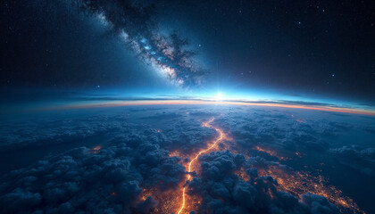 Wall Mural - stunning view of milky way over earth's night glow, highlighting clouds and city lights from space.