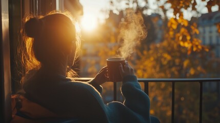 Sticker - Enjoying a warm drink on a balcony during sunset in autumn with colorful leaves in the background