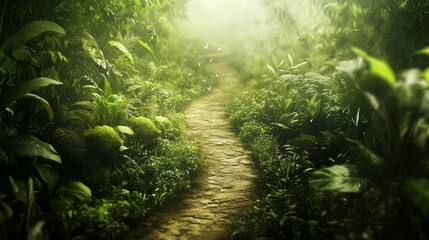 Wall Mural - A dense jungle path winds through a lush green landscape. The background is blurred, creating a sense of depth and mystery. Explore the unknown with this vibrant and adventurous wallpaper.