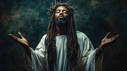 Spiritual portrait of black Jesus Christ with dreadlocks and crown of thorns