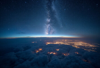 Wall Mural - stunning view of milky way over earth's night glow, highlighting clouds and city lights from space.