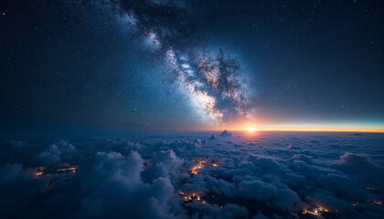 Wall Mural - stunning view of milky way over earth's night glow, highlighting clouds and city lights from space.