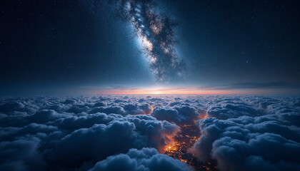 Wall Mural - stunning view of milky way over earth's night glow, highlighting clouds and city lights from space.