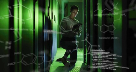 Poster - Animation of data processing and chemical formula over caucasian businesswoman in server room
