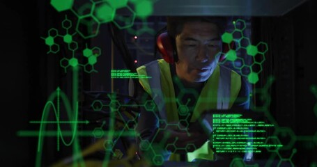 Poster - Animation of data processing with brains over asian male worker in server room