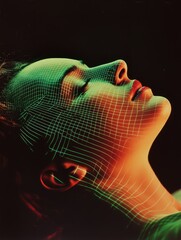Poster - Ultra-realistic digital portrait with neon green grid overlay on a human face showcasing technology and futuristic art.