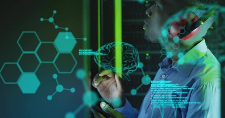 Poster - Animation of data processing with brains over african american businessman in server room