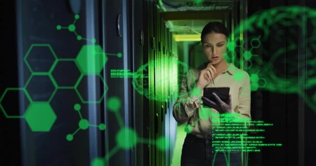 Poster - Animation of data processing with brains over caucasian businesswoman in server room