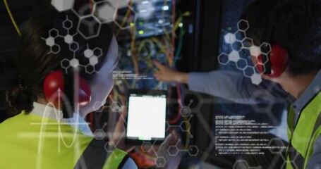Poster - Animation of data processing and chemical formula over diverse workers in server room