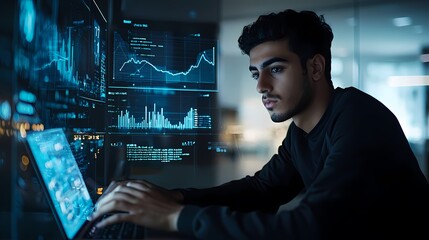 Young Middle-Eastern male engaged in data analysis on a laptop in a modern office.