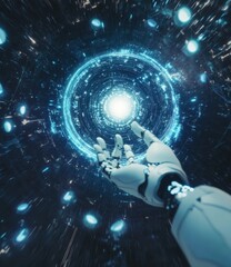 Poster - Futuristic robotic hand interacting with an illuminated digital interface in a cyber environment depicting advanced technology and innovation concepts
