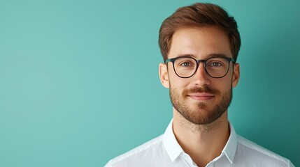 A confident man with glasses smiles against a vibrant turquoise background, showcasing a modern casual style.