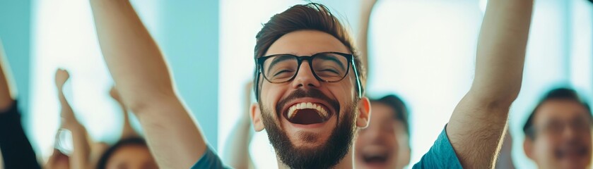 Joyful person celebrating success with raised arms, expressing excitement and happiness in a lively environment with smiling friends.