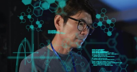 Poster - Animation of data processing and chemical formula over asian businessman in server room