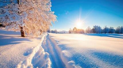 Clear winter day in the countryside, fresh snow blanketing the ground, the air crisp and invigorating, and a bright sun shining in a cloudless sky