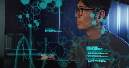 Poster - Animation of data processing and chemical formula over asian businessman in server room