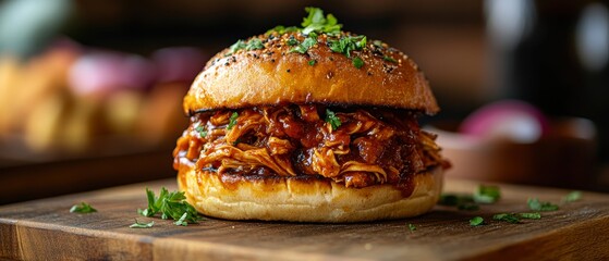 A close-up image of a delicious pulled pork sandwich topped with fresh parsley, placed on a wooden cutting board, ideal for food blogs, restaurant menus, and culinary marketing materials