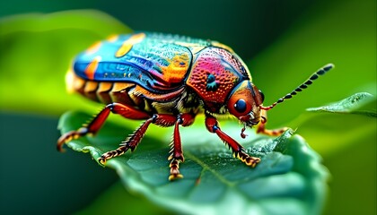 Vibrant close-up of a colorful beetle perched on a leaf against a lush green backdrop, showcasing intricate details and textures.