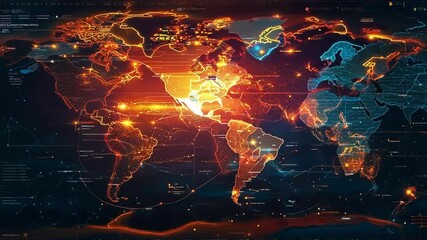Poster - Futuristic world map connecting cities with glowing lines, perfect for global business, finance, and tech projects