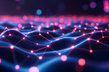 Poster - Abstract digital landscape with glowing nodes and waves, representing data or connectivity.