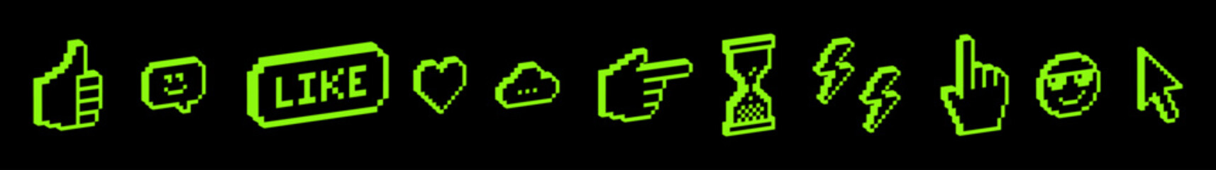 Fototapete - Acid 3D pixel art elements set. Y2k trendy collage stickers. Neon green. Smile, heart, hand. Mood of 90's aesthetics. 8-bit retro style vector illustration icon. Voxel art. Simple geometric shape