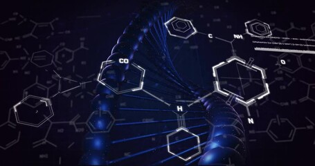 Wall Mural - Animation of scientific data processing over dna strand spinning