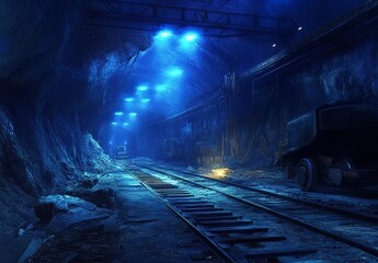 A vast underground mining chamber illuminated by blue overhead lights.