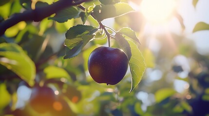 Black apple in tree with macro bokeh background sunlight summer