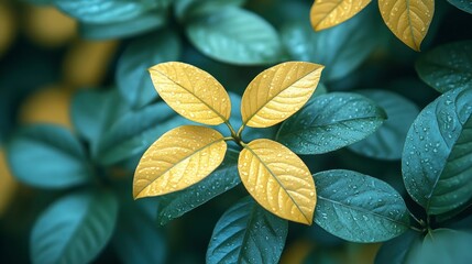 Wall Mural - Golden Leaves on a Teal Green Background