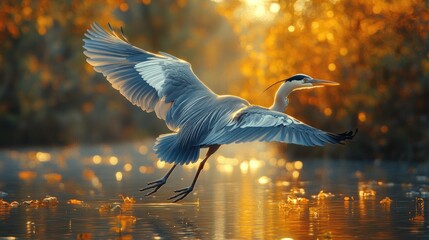 A heron in flight over a lake during golden hour