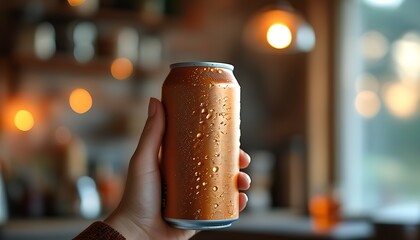 Holding a can of drink in one hand, the background is blurred, showing a relaxed home atmosphere, and the whole scene is warm and peaceful.