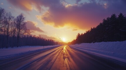 Perspective highway road, mountain forest view and blue sky on winter travel journey