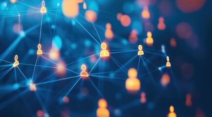 Poster - Abstract human connection with a digital network of people icons on a blurred background. This represents the human resources technology concept for social media 