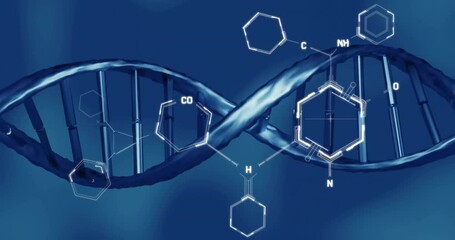 Wall Mural - Animation of scientific data processing over dna strand spinning