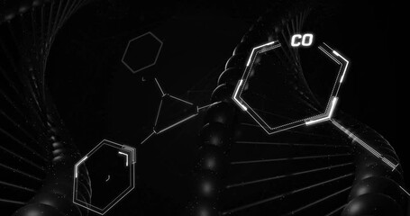 Wall Mural - Animation of scientific data processing over dna strand spinning