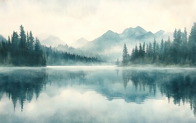 Wall Mural - Foggy Mountain Lake Watercolor