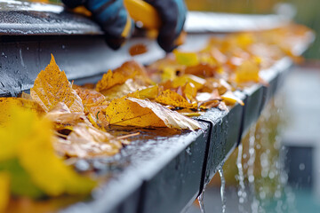 close-up of a worker cleaning a rooftop gutter clogged with colorful autumn leaves, with water cascading down