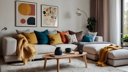 Wall Mural - Scandinavian interior design of modern living room, home. Colorful vibrant pillows on white sofa against wall with art poster frame.