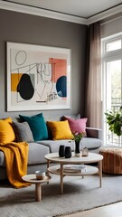 Wall Mural - Scandinavian interior design of modern living room, home. Colorful vibrant pillows on white sofa against wall with art poster frame.