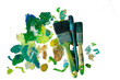 © Viktoriia Doroshyna - strokes of green paint on a palette, brushes for oil paints on a white background