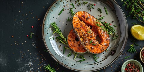 Canvas Print - Baked Salmon Steak Garnished with Wholegrain Mustard Lemon and Rosemary on a Plate Top View