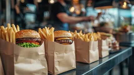 Colorful Street Food Delights: Tasteful Burgers, Fries, and Hot Dogs in Stylish Paper Bags at a Bustling Outdoor Cafe. A Blurry Chef in Action Serving Delicious Fast Food.