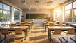 © lapeepon - Sunlight-infused modern classroom with wooden desks and chalkboard, education, school, interior, classroom