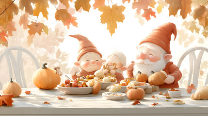 Wall Mural - Gnome family enjoying Thanksgiving dinner rustic setting