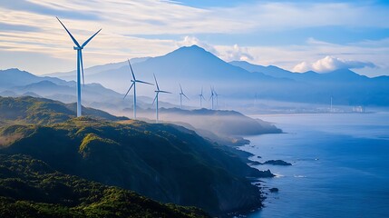 Poster - Wind Turbines on a Misty Coastline