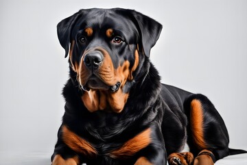 A large rottweiler with a calm demeanor sitting on a white background, AI Generated