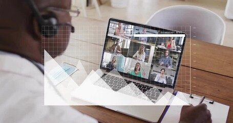 Poster - Animation of statistics data processing over diverse business people on laptop video call