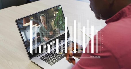 Poster - Animation of statistics data processing over diverse business people on laptop video call
